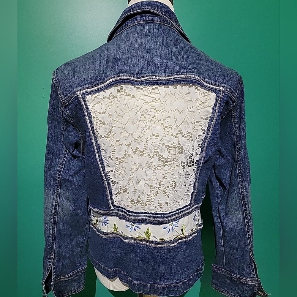 Wearable Art Womens Denim Jacket Sz Petite XL Floral Lace Upcycle OOAK Granola